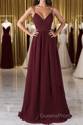 A Line V Neck Burgundy Chiffon Long Evening Prom Dress with Lace Back, V Neck Lace Back Burgundy Formal Graduation Evening Dress