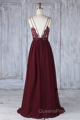 A Line V Neck Burgundy Chiffon Long Evening Prom Dress with Lace Back, V Neck Lace Back Burgundy Formal Graduation Evening Dress