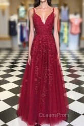 A Line V Neck Burgundy Lace Evening Prom Dress, Wine Red Lace Evening Dress