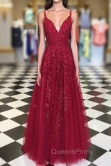 A Line V Neck Burgundy Lace Evening Prom Dress, Wine Red Lace Evening Dress