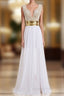 A-line V-neck Cap Sleeves Floor Length Chiffon Pearls Slit Evening Prom Gown