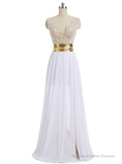 A-line V-neck Cap Sleeves Floor Length Chiffon Pearls Slit Prom Gown