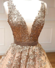 A Line V Neck Champagne Lace Evening Prom Dress, V Neck Champagne Lace Formal Graduation Evening Dress