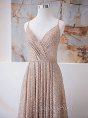 A Line V Neck Champagne Long Evening Prom Dress, Shiny Tulle Champagne Evening Dress