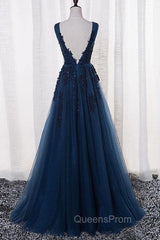 A-Line V-Neck Floor Length Navy Blue Evening Prom Dress With Appliques