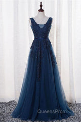 A-Line V-Neck Floor Length Navy Blue Evening Prom Dress With Appliques