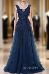 A-Line V-Neck Floor Length Navy Blue Evening Prom Dress With Appliques