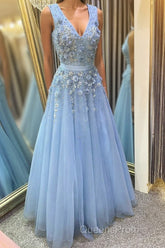 A Line V Neck Floral Light Blue Lace Long Evening Prom Dress, Light Blue Lace Formal Graduation Evening Dress