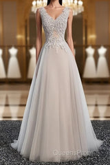 A Line V Neck Gray Floral Long Evening Prom Dress, V Neck Gray Long Floral Formal Bridesmaid Dress