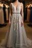 A Line V Neck Gray Lace Long Evening Prom Dress with Belt, Gray Lace Floral Formal Dress, Gray Lace Evening Dress