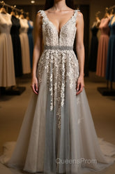 A Line V Neck Gray Lace Long Evening Prom Dress with Belt, Gray Lace Floral Formal Dress, Gray Lace Evening Dress