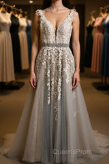 A Line V Neck Gray Lace Long Evening Prom Dress with Belt, Gray Lace Floral Formal Dress, Gray Lace Evening Dress