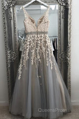 A Line V Neck Gray Lace Long Evening Prom Dress with Belt, Gray Lace Floral Formal Dress, Gray Lace Evening Dress