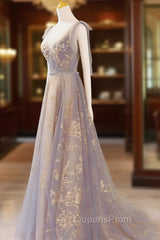 A-Line V Neck Gray Long Evening Prom Dress, Tulle Sequin Lace Long Forma Dress