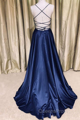 A Line V Neck Green/Blue Backless Long Evening Prom Dress, V Neck Backless Green/Blue Formal Graduation Evening Dress