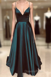 A Line V Neck Green/Blue Backless Long Evening Prom Dress, V Neck Backless Green/Blue Formal Graduation Evening Dress