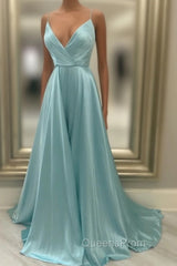 A Line V Neck Green Satin Long Evening Prom Dress, Green V Neck Long Evening Dress