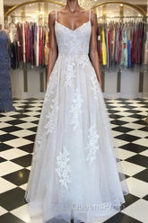 A Line V Neck Lace Appliques White Evening Prom Dress Wedding Dress, White Lace Formal Dress, White Evening Dress