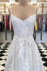 A Line V Neck Lace Appliques White Evening Prom Dress Wedding Dress, White Lace Formal Dress, White Evening Dress