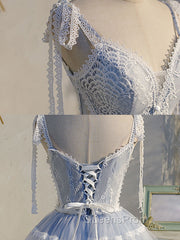 A Line V Neck Lace Blue Short Evening Prom Dress, Blue Puffy Homecoming Dress