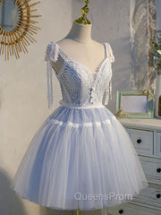 A Line V Neck Lace Blue Short Evening Prom Dress, Blue Puffy Homecoming Dress