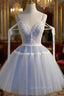 A Line V Neck Lace Blue Short Evening Prom Dress, Blue Puffy Homecoming Dress