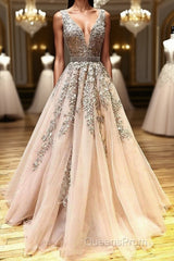 A Line V Neck Lace Champagne Tulle Long Evening Prom Dress, V Neck Lace Champagne Formal Dress, Champagne Lace Evening Dress