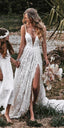 A-Line V Neck Lace Classy Prom Dress With Split