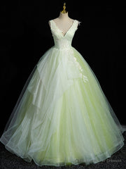 A-Line V Neck Lace Tulle Green Long Prom Dress, Green Sweet 16 Dress