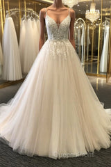 A Line V Neck Light Champagne Lace Evening Prom Dress, Light Champagne Lace Wedding Formal Dress