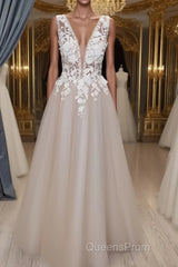 A Line V Neck Long Champagne Lace Wedding Dress, Champagne Lace Long Formal Evening Prom Dress