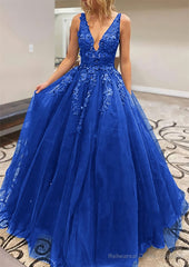 A-line V Neck Long/Floor-Length Lace Tulle Prom Dresses With Appliqued