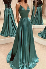 A Line V Neck Open Back Emerald Green Satin Long Evening Prom Dress, Backless Emerald Green Formal Graduation Evening Dress