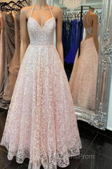 A Line V Neck Open Back Pink Lace Long Evening Prom Dress, Pink Lace Formal Graduation Evening Dress