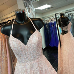 A Line V Neck Open Back Pink Lace Long Evening Prom Dress, Pink Lace Formal Graduation Evening Dress