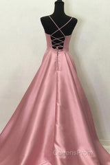 A Line V Neck Open Back Pink Satin Long Evening Prom Dress, Open Back Pink Formal Graduation Evening Dress