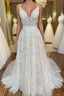 A Line V Neck Open Back White Lace Long Evening Prom Dress, V Neck White Lace Formal Dress, White Lace Evening Dress