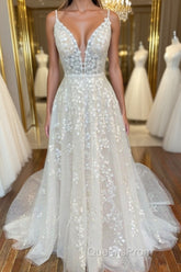 A Line V Neck Open Back White Lace Long Evening Prom Dress, V Neck White Lace Formal Dress, White Lace Evening Dress