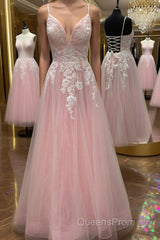 A Line V Neck Pink Lace Floral Long Evening Prom Dress, Pink Lace Formal Dress, Pink Evening Dress