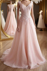 A Line V Neck Pink Lace Long Evening Prom Dress, Pink Lace Formal Graduation Evening Dress