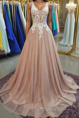 A Line V Neck Pink Lace Long Evening Prom Dress, V Neck Pink Formal Dress, Pink Lace Evening Dress