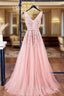 A-Line V Neck Pink Tulle Lace Applique Long Evening Prom Dress Evening Dress