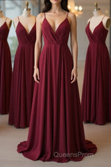 A Line V Neck Pleated Burgundy Long Evening Prom Dress, V Neck Burgundy Long Evening Dress, Burgundy Graduation Dress, Formal Dress