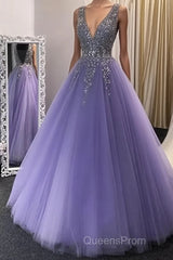 A Line V Neck Purple Beaded Long Evening Prom Dress, Lilac Long Formal Evening Dress with Beadings