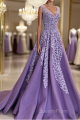 A Line V Neck Purple Long Evening Prom Dress with Lace Appliques, V Neck Purple Formal Evening Dress