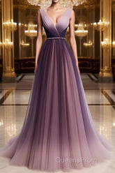 A Line V Neck Purple Ombre Evening Prom Dress, V Neck Purple Ombre Formal Evening Bridesmaid Dress