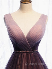 A Line V Neck Purple Ombre Evening Prom Dress, V Neck Purple Ombre Formal Evening Bridesmaid Dress