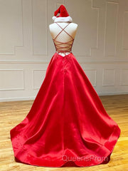 A Line V Neck Red Backless Evening Prom Dress, Red Backless Long Formal Evening Graduation Dress