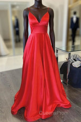 A Line V Neck Red Long Evening Prom Dress, Red V Neck Long Formal Evening Bridesmaid Dress