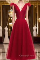 A Line V Neck Red Tea Length Evening Prom Dress with Corset Back, Red Tea Length Formal Graduation Dress